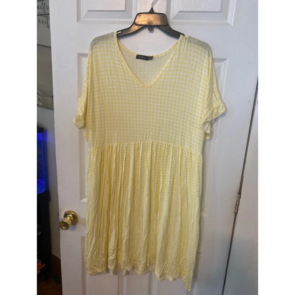 Boohoo Yellow Gingham Babydoll Dress V-Neck Short Sleeve‎ Smock US 14 Womens